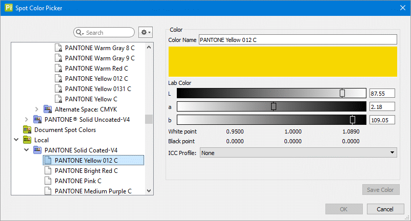 No separable spot color from an imported PANTONE color palette