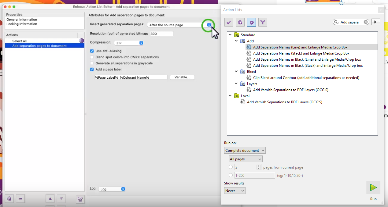 On the right is my action window without the action 'Add separation page'.